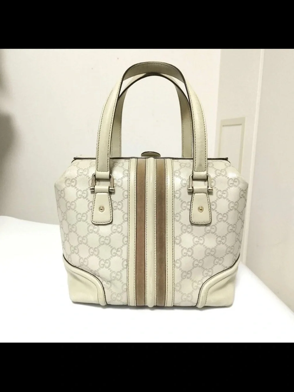 Gucci Cream and Beige Monogram Satchel with Gold Chain